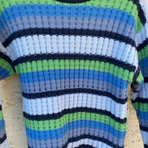 Chunky SO size extra small blue green striped sweater preppy - Picture 2 of 6